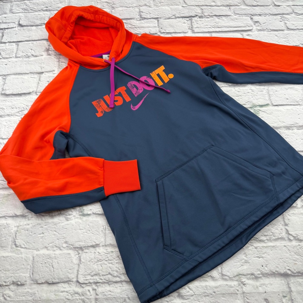 Nike Womens Therma-FIT Hoodie Navy Blue Orange Just Do It Pullover Medium